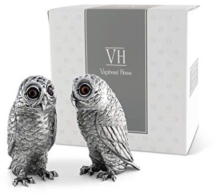 Vagabond House Pewter Metal Owl Salt and Pepper Shaker Set with Hand-Painted Eyes 3.75 Tall
