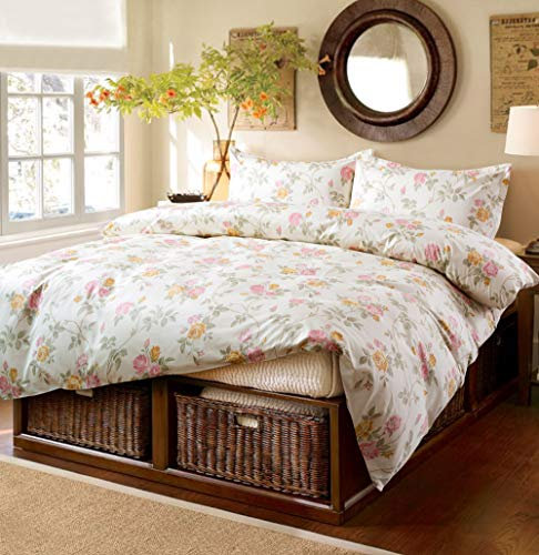 Eikei Shabby Chic Floral Duvet Cover and Pillowcases Set Cottage Garden Botanical Nature Flowers Cabbage Roses Peony Rosy Vines Farmhouse Bedding Toile French Country Style (Pastel Cream, King)