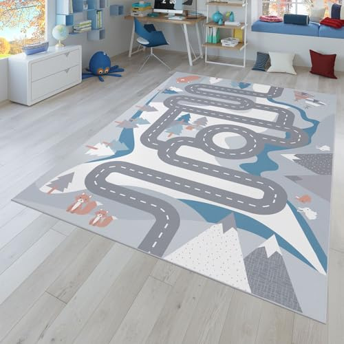 TT Home Kinder-Teppich, Spiel-Teppich Für Kinderzimmer Straßen-Motiv Mit Tieren Creme, Größe:140x200 cm