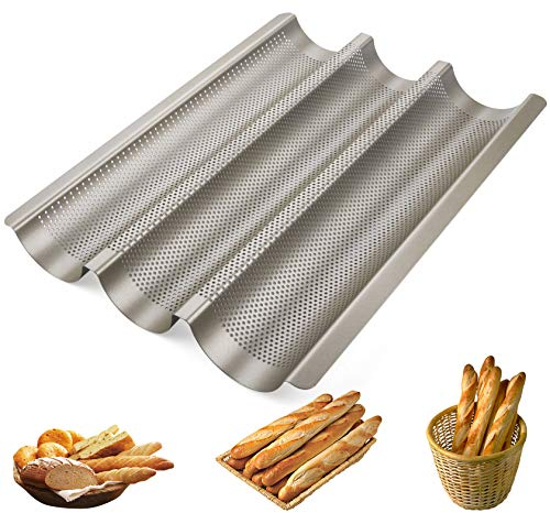 Homewit 3 Mulden Baguette-Backblech, 38.5x28.5x3.5 cm Baguetteblech für 3 Baguettes, Mit Antihaftbeschichtung, Gleichmäßige Erhitzung und Gute Wärmeleitfähigkeit, Für Familie, Restaurant, Bäckerei usw