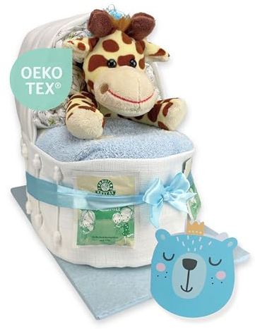 Windeltorte.com – Windelbettchen für Jungen inkl. 34 LILLYDOO Windeln | Geschenk zur Geburt | Taufgeschenk | Geschenk zur Babyparty – Handgefertigte Windeltorte