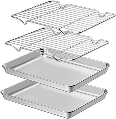 AIKKIL Lot de 2 plaques de cuisson avec grille - 2 feuilles + 2 grilles - Plaque de cuisson en acier inoxydable avec grille de refroidissement - Non toxique et robuste - Facile à nettoyer - 9inch