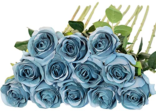 Floralsecret 12 pezzi, bouquet di rose artificiali in seta, fiori finti per decorazioni nuziali di casa, colore blu