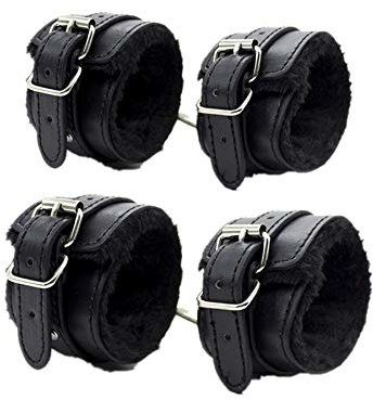 Plüsch Handschellen Fußschellen Bondageset Einstellbar Leder Bondage Set Erotik Handfesseln SM Sex Spielzeug für Paare [2 Pack] (Schwarz)