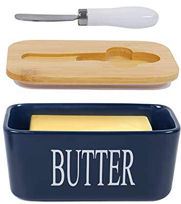 Porcelain Butter Dishes with Lids, Airtight Silicone Butter Box Butter Container for Butter,Nuts, Cheese,Blue+ButterKnife