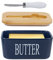 Porcelain Butter Dishes with Lids, Airtight Silicone Butter Box Butter Container for Butter,Nuts, Cheese,Blue+ButterKnife