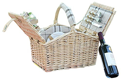 YRHH Faltbarer Einkaufskorb Für 2/4 Personen Mit Deckel, Picknickkorb Aus Korbgeflecht Mit Besteck, Teller, Gläser, Geschirr Und Picknickdecke Für Picknick, Camping-4people