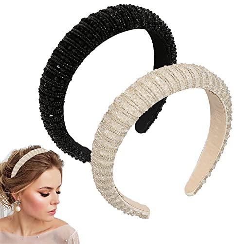 2 Stück Kristall-Strass-Stirnbänder, Perlen, breite Haarbänder, Imitation Diamant verziert, Haarreifen, Party, Hochzeit, Kopfschmuck, Glitzer, dick gepolstert, Haar-Accessoires für Frauen und Mädchen