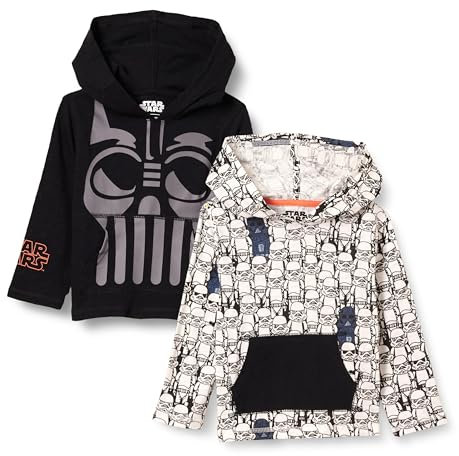 Amazon Essentials Disney | Marvel | Star Wars Boys' Lightweight Hooded Long-Sleeve T-Shirts, Pack of 2, Star Wars Vader, 5 Years