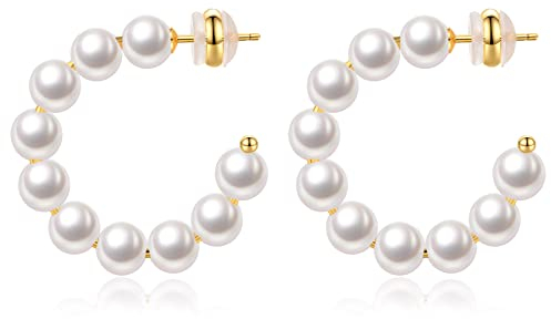Perle Creolen für Damen Kleine Perle Creolen Hypoallergen Tropfen Ohrringe, 14K vergoldet Leichte Offene Große Kreis Runde Perlen Ohrringe Schmuck Geburtstagsgeschenk für Frauen