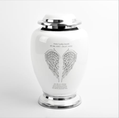 Angel Wing Cremation Urn for Adult Ashes – Durable Aluminium Funeral Container – Memorial Vessel with Engraving Holds Human Remains up to 90kg or 14 Stone (Personalised Elegent White)