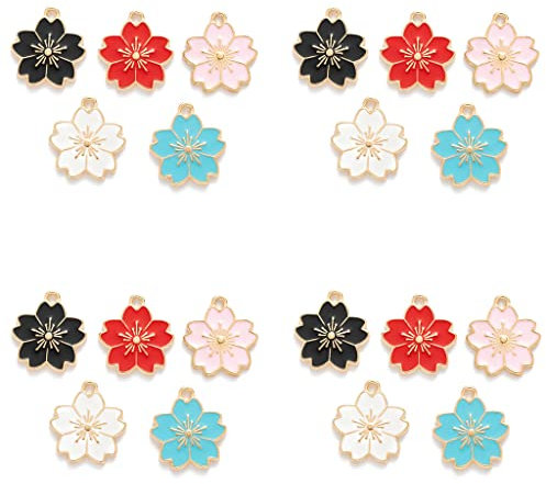 20 Pieces Cherry Blossoms Charms for Jewelry Making, Gold Plated Enamel Flower Charms for DIY Earring Necklace Bracelet Keychain Pendant Craft Supplies Accessories, 18 * 20mm,5 Colors