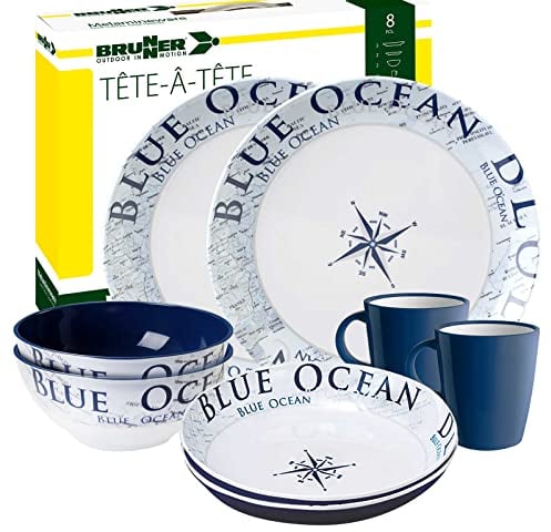 Brunner- Outdoor in Motion: Camping-Geschirr-Set Melamin | 8-Teilig - Teller, Schüsseln & Becher für 1-2 Personen | Tête â Tête Blue Ocean - Leicht, Bruchfest & Anti-Slip