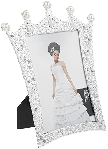 FOMIYES EuropäIscher Perlen Bilderrahmen Mit Kronen Design, Kreativer Fotorahmen FüR Hochzeit, Muttertag, Geburtstag, JubiläUm, Valentinstag, 7 Zoll, Silber, 23x19x1.5 Cm