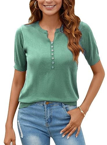 MINTLIMIT Women Summer Sweater Knit Shirt Blouse Short Sleeve Pullover V Neck Tops Jumper