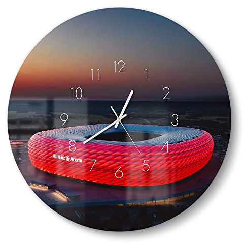 DEQORI Glasuhr | rund Ø 50 cm | Motiv Allianz Arena, München | große XXL Design Uhr aus Glas | leise Wanduhr für Wohnzimmer & Küche | moderne Hingucker Uhr für die Wand