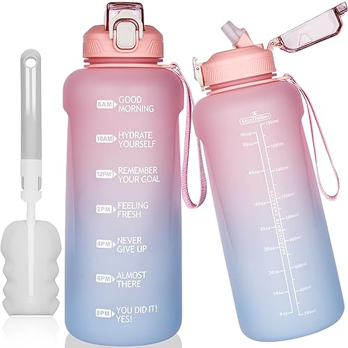 DEARRAY 2l / 2 litres Tritan Sport Gourde avec Paille et Marqueur de Temps de Motivation 2000 ml grand Bouteille eau pour Basketball, Fitness, Gym, Randonnée,Voyage