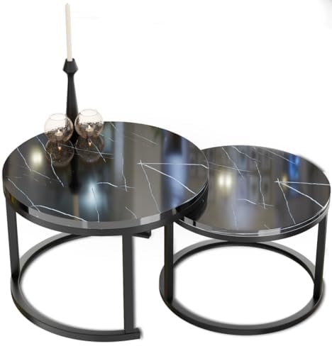 HeyHeaven® Couchtisch rund Marmor 2er Set – Runder Couch Tisch in schwarz Marmor Optik mit schwarz Metallgestell – moderner Tisch für Wohnzimmer, Schlafzimmer & Balkon, Ø70 Ø50