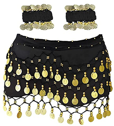 SamHeng Bauchtanz Hüfttuch mit Armbändern, Chiffon Bauchtanz Schal Wickeln Gürtelflügelrock mit goldenen Münzen für Performance Kostüm Bauchtanz Yoga Klasse