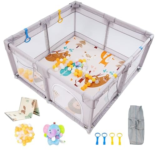 Akeraq Parque Infantil Bebe 120x120cm, Corralito Bebe Acolchado, Esterilla Acolchada Reversible, Parque de Juegos Bebe, Juguete Sonajero, Bolas de Colores, Parque Infantil Portátil, Parque de Bolas ·