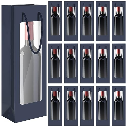 50 Stück Wein-Geschenktüten mit Fenster, 12,4 x 9,1 x 36,1 cm, Kraftpapier, Weintüten mit Fenster, Kraftpapier, Blumenverpackungstasche, transparente Fenstertüten für Valentinstag, Geburtstag,