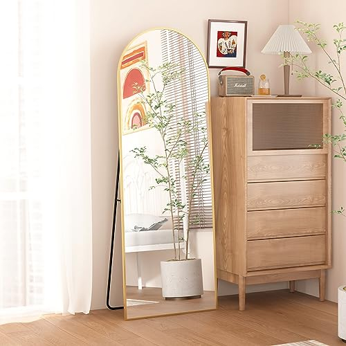 CASSILANDO Miroir de Sol arqué 162 x 53 cm, Cadre en Alliage d'aluminium, Miroir sur Pied, Miroir Pleine Longueur avec Support, Grand Miroir Mural dans la Chambre à Coucher, Le Dressing (Doré)