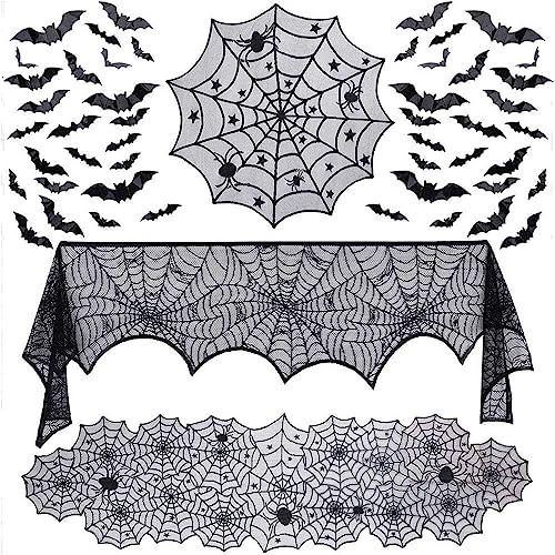 Décoration de Table halloween, wohot 51pcs Deco Table Halloween Inclure Nappe Toile d'araignée Ronde, Chemin de Table Dentelle, Écharpe Cheminée et 48pcs Chauve-Souris Autocollants Murs 3D