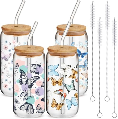 Cunhill 4 Pcs Iced Coffee Cup with Bamboo Lid and Straw 16oz Thanksgiving Pumpkin Glasses Cup Daisy Flower Butterfly Beer Can Cup Gift for Teacher Women Employee Coworker(Butterfly)