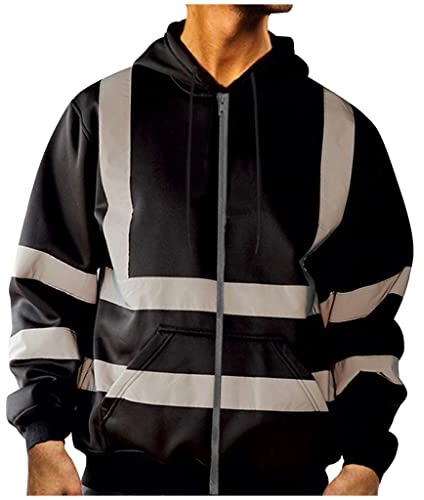 Herren Warnjacke Sicherheitsjacke Winterjacke Warnschutzjacke Arbeitsjacke Klassische Kontrast Warnschutz-Regenjacke mit reflektierenden Streifen, Warnschutzjacke mit Kapuze Schwarz XXL