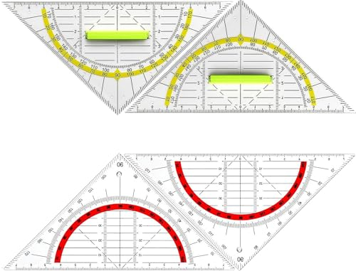 RabbFit Geodreieck aus Kunststoff, 4 Stück Geometrie Dreieck, 16cm Transparent Flexibel Geodreieck zum Kreise Zeichnen, 2Pcs Geodreieck mit Griff Gelb mit 2Pcs Geometrie Rot für Schule Büro Studenten