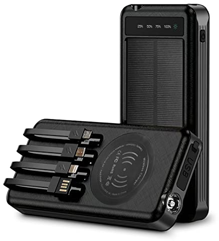 Solar Power Bank & Wireless Charging – Portable 10000mAh Battery Pack with LED Flashlight, 4 Built-in USB Cables, Waterproof Outdoor Charger for Camping, Travel, Emergency Backup