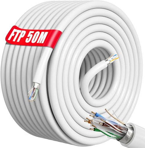 Cable Ethernet 50m Blindé, RJ45 Câble 50m Exterieur Intérieur, Câble Réseau 50m Haut Debi Fiber Bobine | AWG23, FTP PIMF CCA, Anti-Interférence, Lgnifuge, Exterieur Etanche, Gigabit CAT 6 (50 mètres)