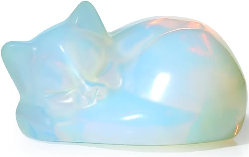 YATOJUZI 2 Opal Cat Decor Crystals Opalite Ornaments Cat Themed Gifts for Women Hand-Carved Moonstone Sleeping Cats Gemstone Cute Animal Figurines Home Office Desk Decor Stocking Stuffers for Women