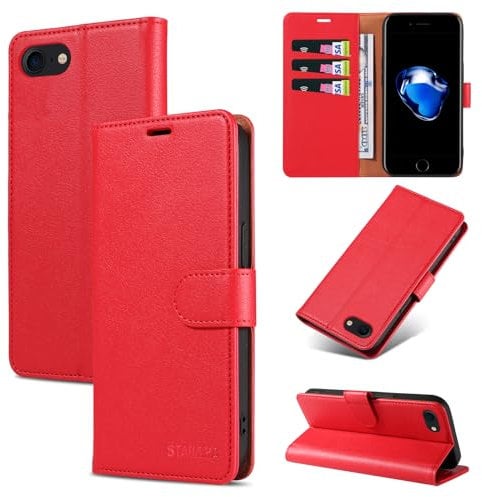 STAWLKA Premium PU Leather Flip Magnetic Wallet Case Kickstand - RFID Protective Phone Cover for iPhone 7/8/SE 2/SE 3 - Red