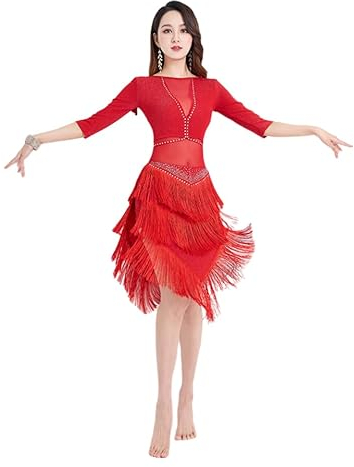 MUZIZY Frauen Proffesional Bauchtanz, Quaste Schlitz Bauchtanz Rock Bauchtanz Kostüme Bauchtanz Outfit Praxis Rock,Rot,XXL