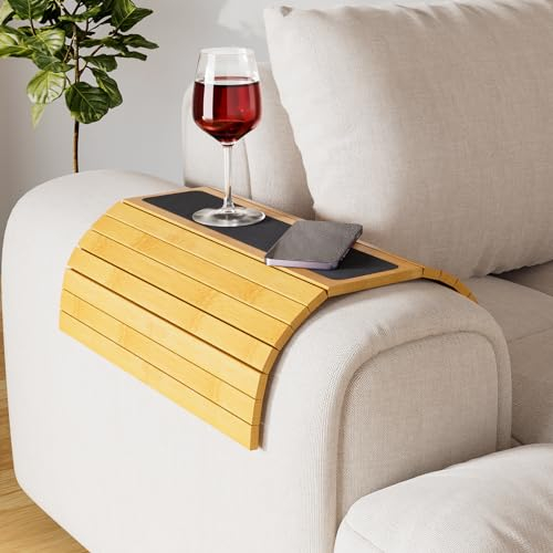Miudeco Bambus Armlehnen Tablett, Couch Tablett Flexibel, Sofalehne Sblage, Sofa Tablett Armlehne Mit Anti-Rutsch Kork Pad 47x34 cm - Bambus - Schwarz Groß