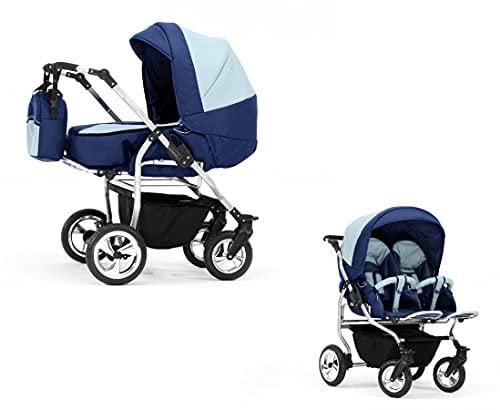 Elcar Zwillingskinderwagen 2 in 1 Duo Twin inkl. Sportsitze - 11 Teile - in Dunkelblau-Hellblau