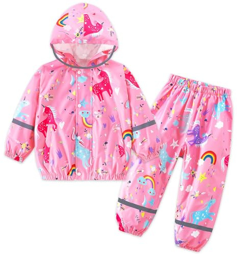FILOWA Tuta Impermeabile Bambini Antipioggia Giacca & Pantaloni, 1-7 anni | Leggero, Cappuccio, Strisce Riflettenti, Tuta Pioggia Completo, Impermeabili Abbigliamento per Ragazze Ragazzi, Cerniera