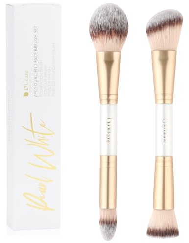 DUcare Lot de 2 pinceaux de maquillage double extrémité pour fond de teint, poudre et tampon, poudre bronzante, double pinceau de maquillage, blanc