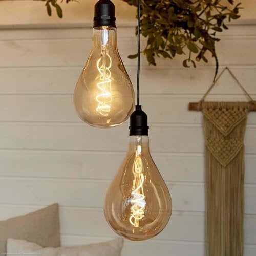 Hellum LED lámpara colgante de exterior, bombilla con mando a distancia juego de 2, bombilla dorada con pila, lámpara colgante retro regulable con temporizador y pila A100 Ø10x20cm 151367