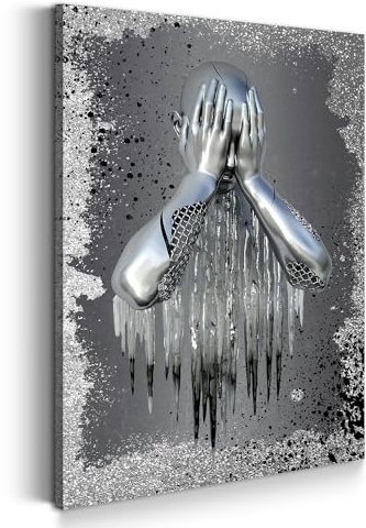 Metallfigur traurig Splash Silber Stil Leinwandbild Wandbild Größe 60x90x2cm