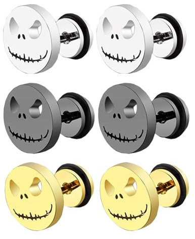 HinDaLi 3 Paar Edelstahl Ohrringe für Herren und Damen - Stecker in Gold, Silber, Schwarz - Totenkopf, Klein, Fake Plugs - Für Männer und Mädchen