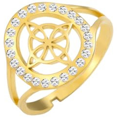 Dreamtimes Witch Knot Ring für Frauen Edelstahl einstellbar offen Finger Ringe mit klaren Zirkon Runde Wiccan Hexen Knoten Ring Witchcraft Amulett Schmuck (Gold)