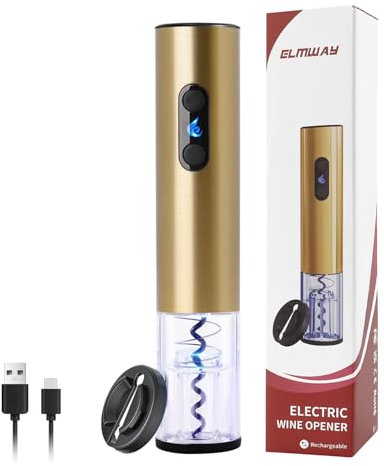 ELMWAY Rechargeable Electric Wine Bottle Opener – Electric Wine Opener & Corkscrew with Dual LED Lights, Transparent Window, Fast Cork Removal & Brushed Stainless Steel, Includes Foil Cutter – Gold