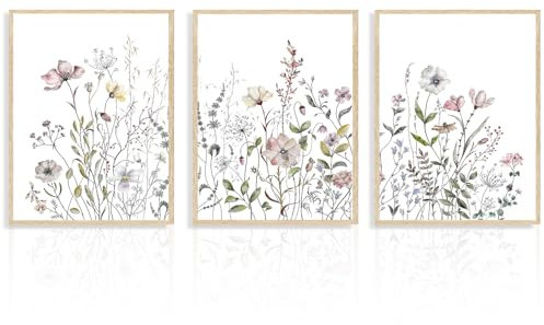 Dazzlewall 3 Stück Aquarell Wildblumen Wandbilder Dekor, Minimalistische Botanische Blumen Leinwand Bilder für Schlafzimmer Wohnzimmer Dekor 30x40 cm Ungerahmt