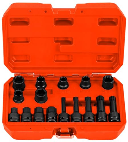 TANGZON 16PCS Brake Calipers Socket Set, 1/2 Inch Drive Master Deep Impact Socket Set, Drive Wrench Brake Adjusting Tool Kit, Compatible with Engines and Hubs of Most Car Brands (Orange)
