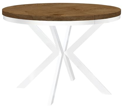 Dekori Möbel Runder Ausziehbarer Tisch für Esszimmer ENDO mit Ring-Gestell und Metallbeinen, Durchmesser Varianten von : 90 bis 220 cm (Eiche Lefkas/Weiß, 90/140 cm)