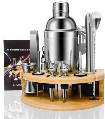 Silvery Cocktail Shaker Set | 12 Pieces Stainless Steel Bartender Kit with Solid Wood Stand and Cocktail Recipes for Drink Mixing | Bar Set Home Mixology Barware Tool Sets(25 oz)