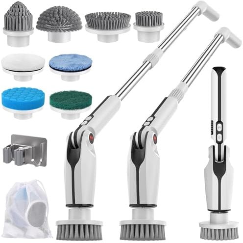 Electric Spin Scrubber, Upgraded Electric Cleaning Brush with Long Handle & 8 Replaceable Brush Heads, Remote Control Shower Cleaner Brush for Bathroom, Floor, Tub, Car