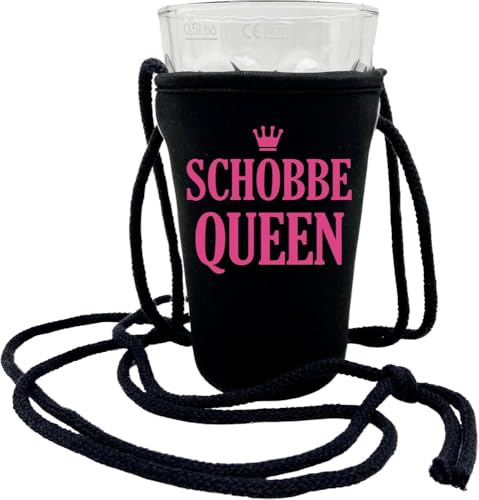 Schobbe Queen Dubbeglashalter - Der Pfälzer Schorlehalter zum umhängen, passend für 0,5 L Dubbeglas aus der Pfalz (Schwarz - Schrift Pink)
